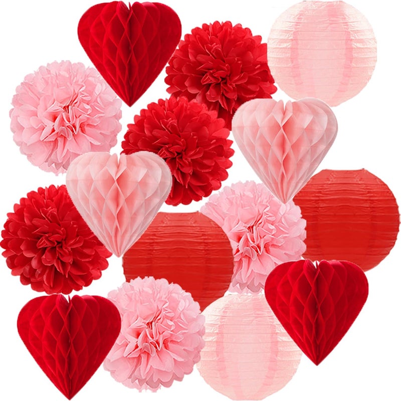 Mprocherify Red Pink Valentines Day Paper Flowers Hearts Honeycomb Lanterns Tissue Pom Poms 15pcs Galentines Party Decorations Anniversary Love Birthday Wedding Baby Shower Hanging Supplies - Image 1